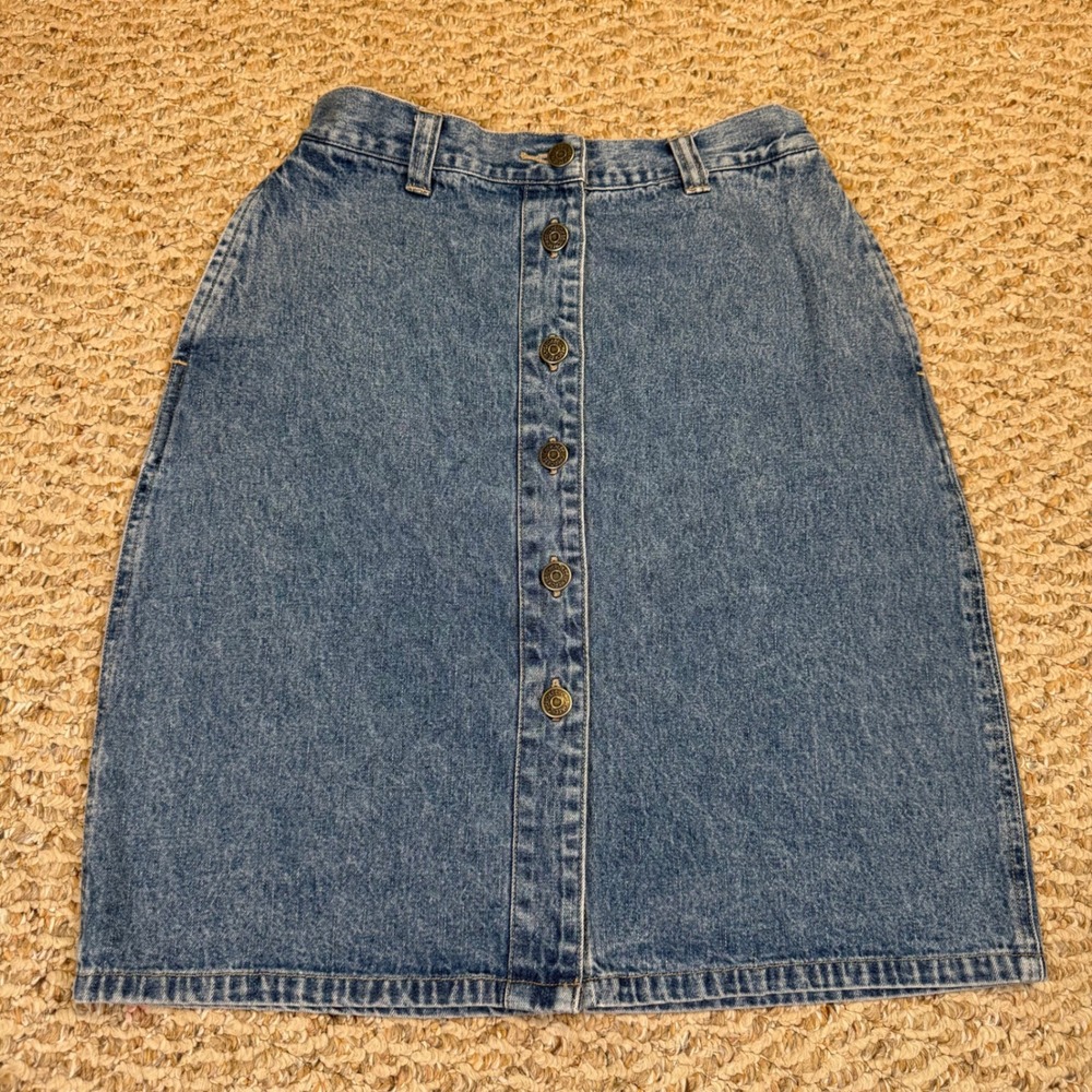 VTG Cherokee Vintage Denim Skirt Blue Button Front High Waisted A-Line Midi Sz 6